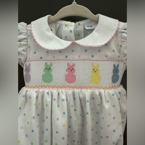 Lulu Bebe smocked bubble Easter Peeps polka dots 0m newborn - Picture 2 of 5